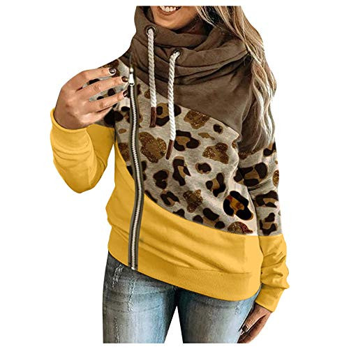 Womens Cowl Neck Hood Tunic Sweatshirt Drawstring Pullover Long Sleeve Turtleneck Hoodie Casual Tops Yellow