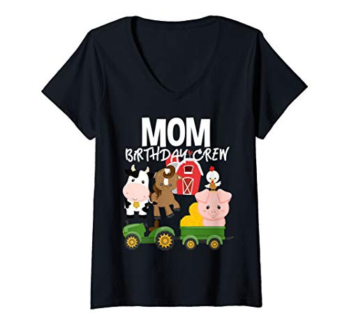 Womens Mom Birthday Crew Farm Animals Barnyard Tractor Bday Party V-Neck T-Shirt
