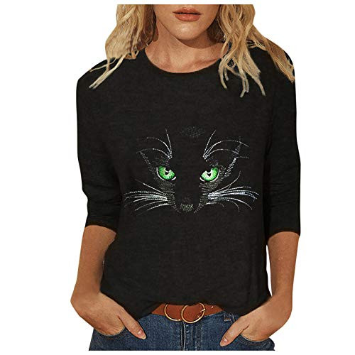 YAnGSale Women Casual T-Shirt Long Sleeve Shirt Cute Cat Print Blouse O-Neck Sweatshirt Plus Size Shirt Solid Pullover -B1 XXL-