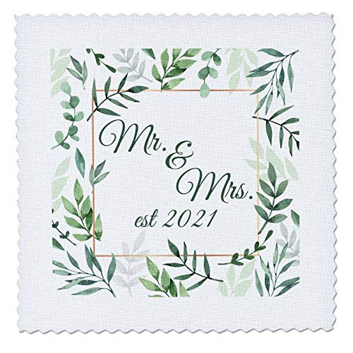 3dRose Green Mr. and Mrs. Est 2021 framed in green leaves and a gold. - Quilt Squares -qs_336948_4-
