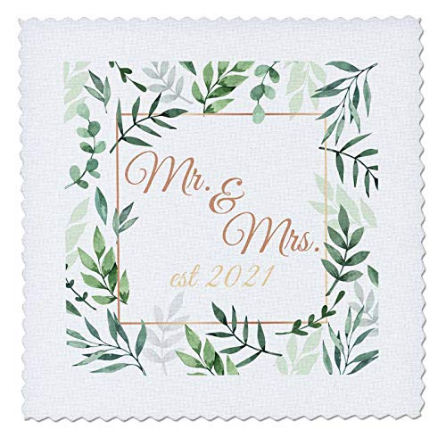 3dRose Gold Mr. and Mrs. Est 2021 framed in green leaves and a gold. - Quilt Squares -qs_337542_4-