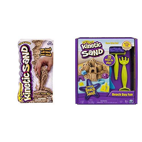 The One and Only Kinetic Sand 2lb Brown for Ages 3 and up. Multicolored  and   Beach Day Fun Playset with Castle Molds Tools and 12 oz. of Kinetic Sand for Ages 3 and Up