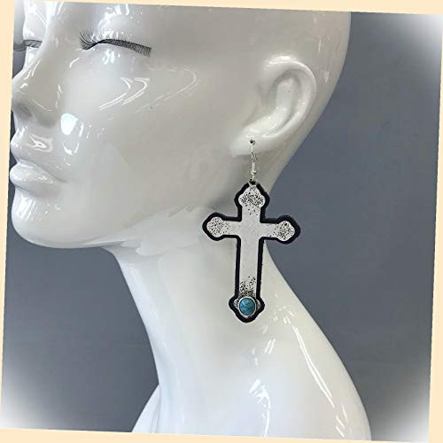 Boho Style Hammered Silver Leather Cross Pendant Turquoise Stone Hook Earrings For Women Set