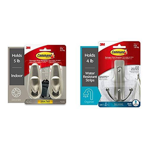 Command Hook Indoor Use -FC13-BN-2ES-  and  Large Double Bath Hook Satin Nickel 1-Hook 1-Large Water-Resistant Strip