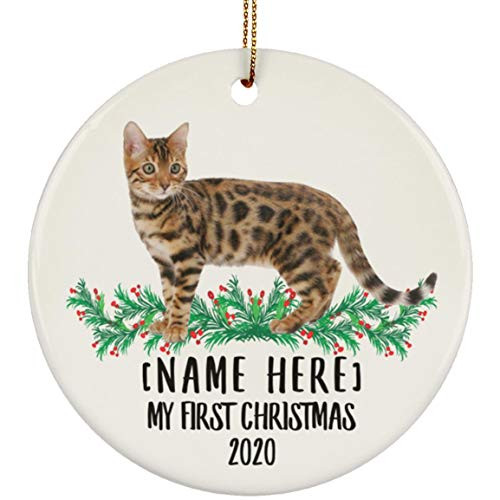 Lovesout Funny Personalized Name Bengal Cat Kitten Brown First Christmas 2020 White Ceramic Circle Ornament