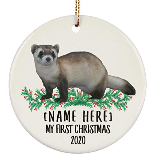 Lovesout Funny Personalized Name Black Footed Ferret Tan First Christmas 2020 White Ceramic Circle Ornament