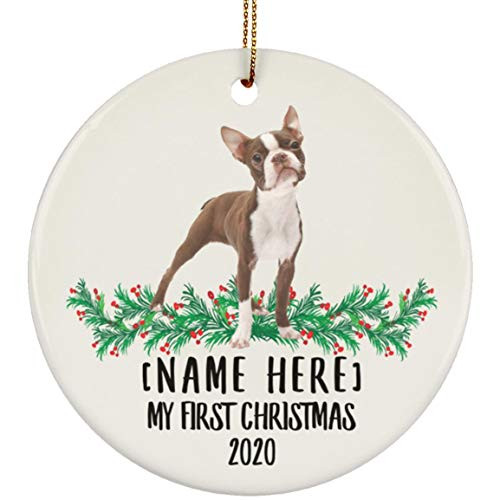 Lovesout Funny Personalized Name Boston Terrier White Borwn First Christmas 2020 White Ceramic Circle Ornament