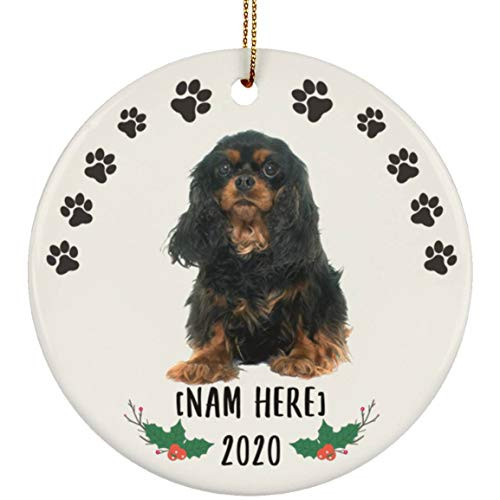Lovesout Funny Personalized Name Cavalier King Charles Spaniel Black Tan Paws Print Frame Ornament White Ceramic Circle
