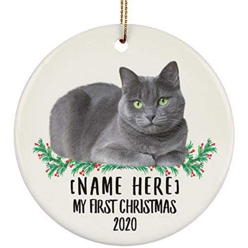 Lovesout Funny Personalized Name Russian Blue Cat Blue Grey First Christmas 2020 White Ceramic Circle Ornament