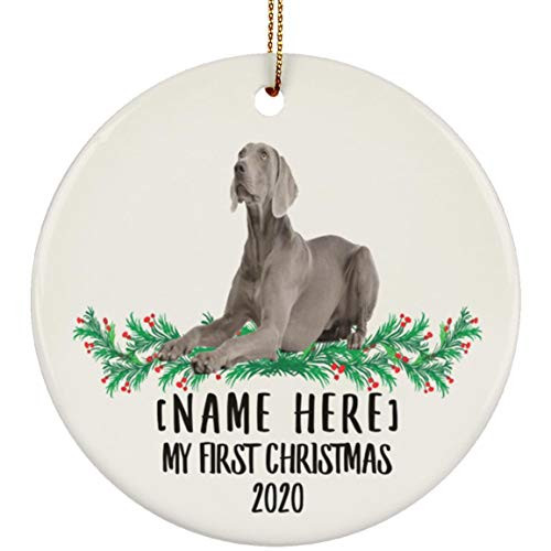 Lovesout Funny Personalized Name Weimaraner Blue Silver First Christmas 2020 White Ceramic Circle Ornament