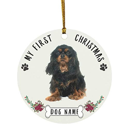 Lovesout Personalized Name Cavalier King Charles Spaniel Black Tan Puppys First Christmas 2020 Ornament White Ceramic Circle
