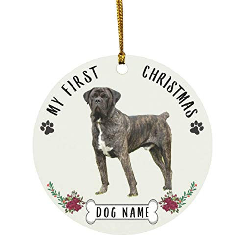 Lovesout Personalized Name English Mastiff Brindle Puppys First Christmas 2020 Ornament White Ceramic Circle