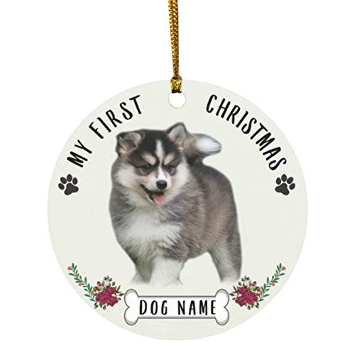 Lovesout Personalized Name Pomsky Gold Brown Puppys First Christmas 2020 Ornament White Ceramic Circle