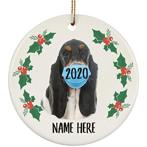 Lovesout Funny Personalized Name Basset Hound Black White Tri Color Quarantine 2020 Christmas Tree Ornament White Circle Ceramic
