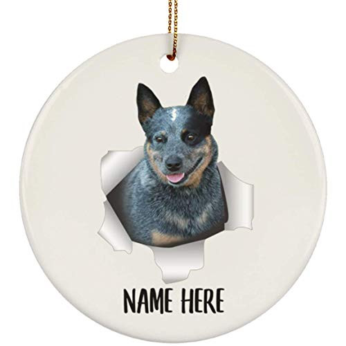 Lovesout Cute Blue Heeler Blue Merle Personalized Name Christmas Tree White Ceramic Circle Ornament