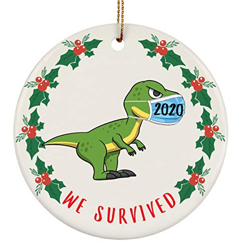Lovesout Funny Dinosaur T Rex We Survived 2020 Christmas Quarantine Circle Ornament