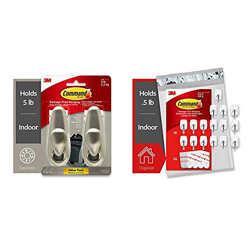 Command Hook Indoor Use -FC13-BN-2ES-  and  Wire Hooks 16 Hooks 24 Strips White Small Easy to Open Packaging -GP067-16NA-