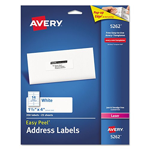 Avery 5262 Easy Peel Mailing Address Labels Laser 1-1/3 x 4 White 350/Pack