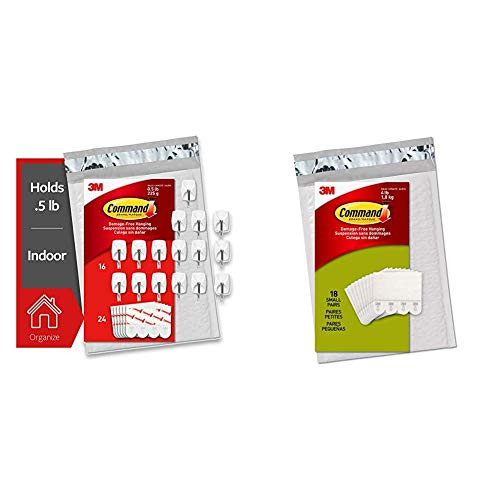 Command Wire Hooks 16 Hooks 24 Strips White Small Easy to Open Packaging -GP067-16NA-  and  Picture Hanging Strips Small White 18-Pairs