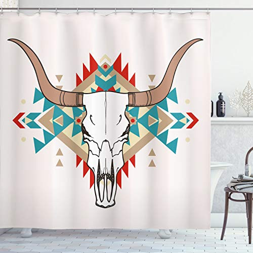 Ambesonne Western Shower Curtain Bull Skull Illustration with Ornament Geometric Style Cloth Fabric Bathroom Decor Set with Hooks 75 inch Long Blue