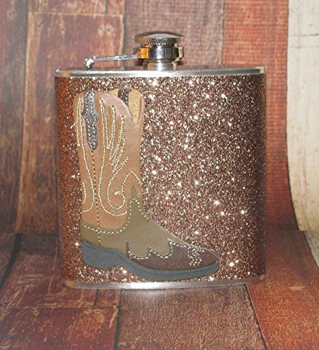 Brown Sparkly Glitter Western Cowgirl Cowboy Boot Boots 6 oz Stainless Steel Liquor Bar Hip Flask Flasks Party Gift