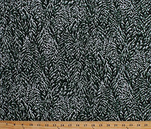 Cotton Pine Trees Snow Covered Evergreens Branches Winter Christmas Holiday Landscape Green Silver Metallic Nocturne Cotton Fabric Print by The Yard -P7595-pine/silver-