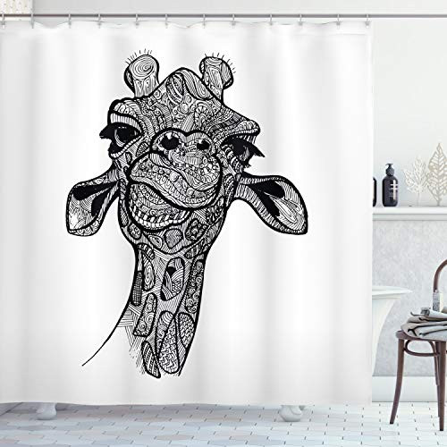 Lunarable Giraffe Shower Curtain Line Patterned Funny Animal Geometrical Circles and Swirls Design Monochrome Cloth Fabric Bathroom Decor Set with Hooks 70 inch Long White