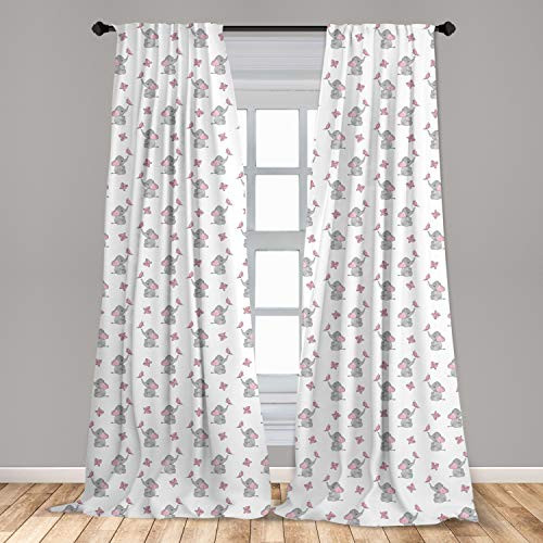 Ambesonne Elephant Nursery Curtains Baby Elephants Playing with Butterflies Design Pattern Window Treatments 2 Panel Set for Living Room Bedroom Decor 56 inch x 63 inch Grey Pink