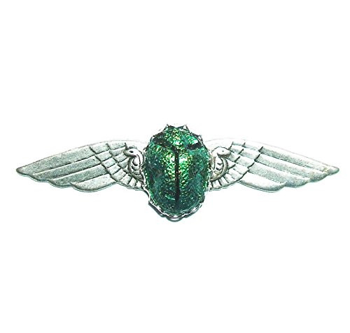 EGYPTIAN REVIVAL SCARAB Brooch Pin Metallic Green Winged Beetle Art Deco Silver Plt
