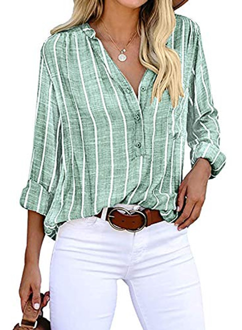 Yidarton Womens Long Sleeve V-Neck Stripes Casual Blouses Button Down Business Blouses Shirts -Small Green-
