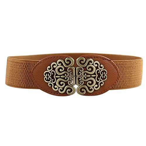 Forthery Womens Vintage Waist Belt Wide Elastic Stretch Retro Cinch Belt Flower Buckles-BrownFree-