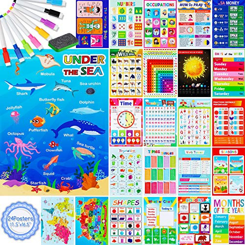 33 PC Educational Posters for KindergartenLearning Poster for Toddler KidLaminated Preschool Charts with 8 Dry Erase Markers and 1 Whiteboard Eraser for Pre-KHomeschool Supplies-16.5X11.5-