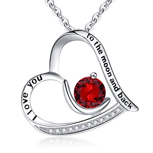 BriLove 925 Sterling Silver Heart Necklace for Women inchI Love You to the Moon and Back inch Engraved CZ Love Heart Moon Pendant Necklace Ruby Color July Birthstone
