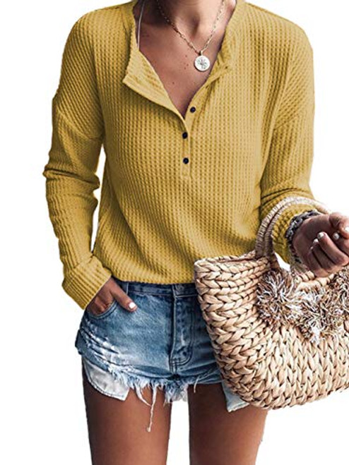 Famulily Womens Waffle Knit Tunic Tops Loose Long Sleeve Button Up V Neck Henley Shirts -Yellow Small-