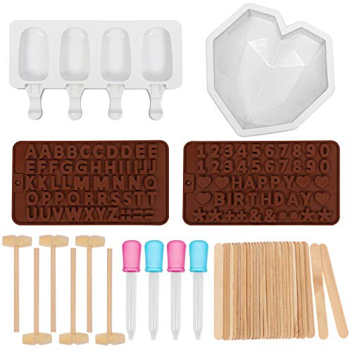 4 PCS Diamond Heart Love Mousse Cake Mold Silicone Letter Number Chocolate Molds Popsicle Mold with Wooden Hammers and Droppers and Wooden Stick for Home Kitchen DIY Baking Tools 4 PCS Diamond Heart Love Mousse Cake Mold Silicone Letter Number Chocolate Molds Popsicle Mold with Wooden Hammers and Droppers and Wooden Stick for Home Kitchen DIY Baking Tools