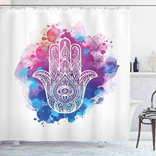 Ambesonne Evil Shower Curtain Ornate White Hand Drawn Hamsa on Watercolor Splashes Energetic Print Cloth Fabric Bathroom Decor Set with Hooks 70 Long White Pink
