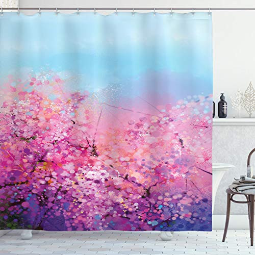 Ambesonne Flower Shower Curtain Sakura Blossom Floral Beauty with Sky Japanese Inspired Cherry Spring Theme Cloth Fabric Bathroom Decor Set with Hooks 75 inch Long Purple