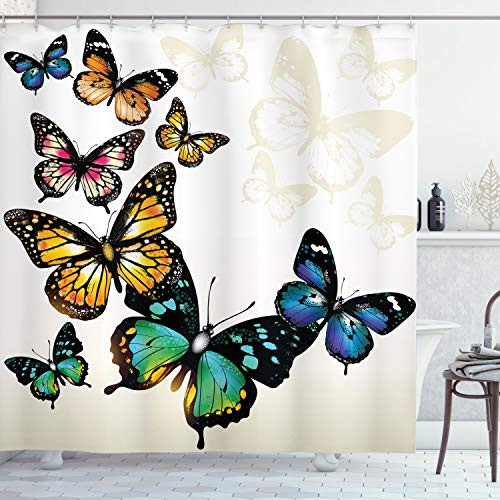 Ambesonne Butterfly Shower Curtain Vivid Monarch Butterflies Flying Shades Shadows Dreamlike Fantasy Display Cloth Fabric Bathroom Decor Set with Hooks 70 inch Long Multicolor