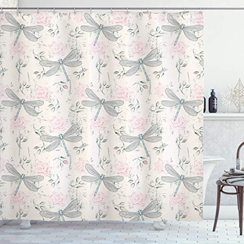 Ambesonne Dragonfly Shower Curtain Shabby Form Roses Worn Old Vintage Backdrop with Moth Bugs Print Cloth Fabric Bathroom Decor Set with Hooks 70 inch Long Pale Pink