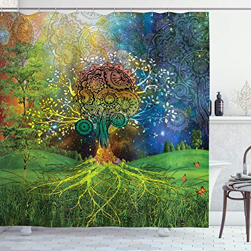 Ambesonne Ethnic Shower Curtain Tree in The Valley with Spiral Branch Balance in Mother Earth Art Illustration Cloth Fabric Bathroom Decor Set with Hooks 70 inch Long Green Blue