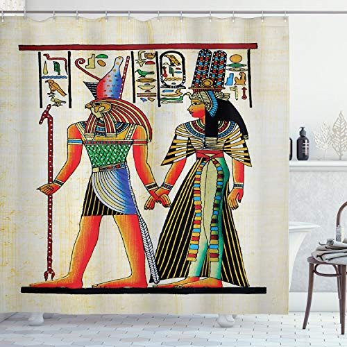 Ambesonne Egyptian Print Shower Curtain Papyrus with Historical Characters Elements Building Old Retro Culture Art Cloth Fabric Bathroom Decor Set with Hooks 84 inch Long Extra Multicolor