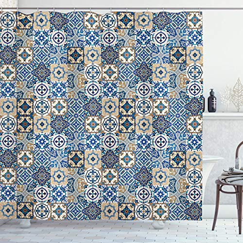 Ambesonne Moroccan Shower Curtain Tile Pattern with Portuguese Traditional Azulejo Motifs Oriental Curls Cloth Fabric Bathroom Decor Set with Hooks 75 inch Long Pale Brown