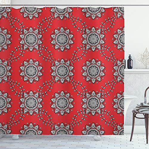 Ambesonne Red Mandala Shower Curtain Sketchy Leaves Swirl Ivy Victorian Mesh Design Inspired Image Cloth Fabric Bathroom Decor Set with Hooks 70 inch Long Vermilion White