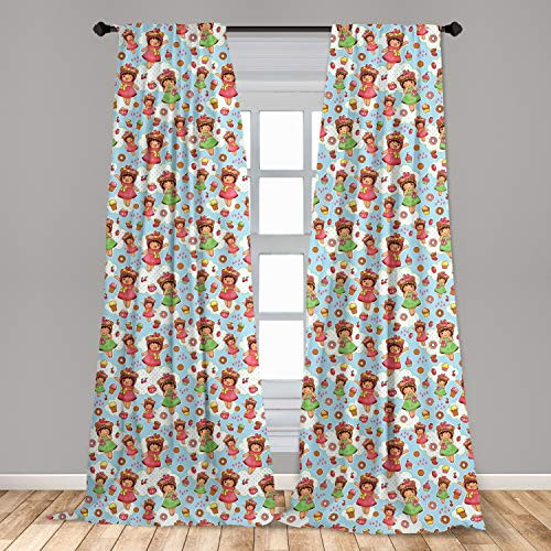 Ambesonne Anime Curtains 2 Panel Set Little Girls with Fruit Waffle Hats Cookies Donuts and Cupcakes Yummy Pastries Lightweight Window Treatment Living Room Bedroom Decor 56 inch x 63 inch Multicolor