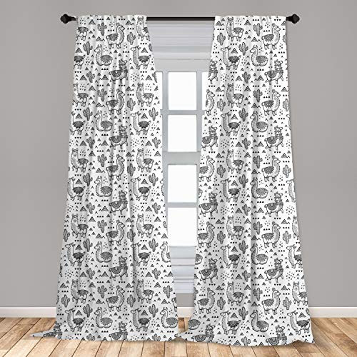 Ambesonne Llama 2 Panel Curtain Set Abstract Triangles Doodle Style Alpacas in Monochrome Cartoon Pattern Lightweight Window Treatment Living Room Bedroom Decor 56 inch x 63 inch Charcoal White