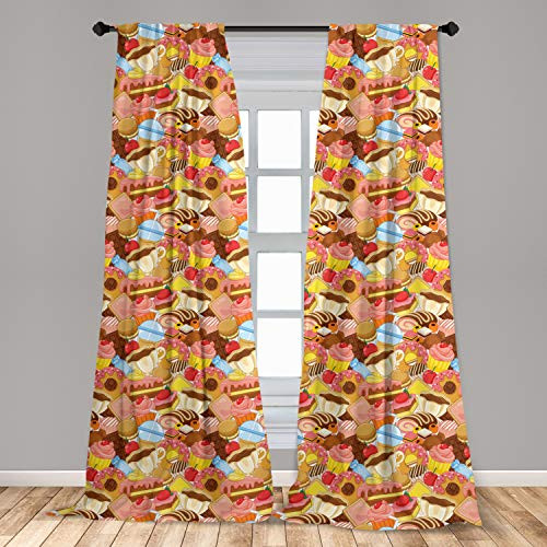 Lunarable Colorful Curtains Cartoon Style Sweets and Pastries Tasty Coffee Cookie Candy Donuts Cupcakes Window Treatments 2 Panel Set for Living Room Bedroom Decor 56 inch x 63 inch Multicolor