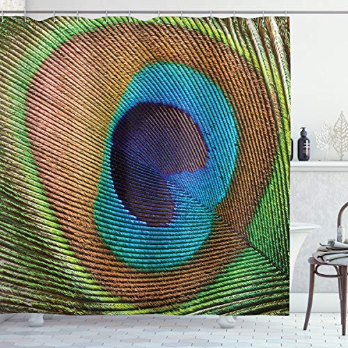 Ambesonne Peacock Shower Curtain Macro Size Peafowl Feather Plume Realistic Exotic Animal Themed Pattern Cloth Fabric Bathroom Decor Set with Hooks 75 inch Long Brown Green