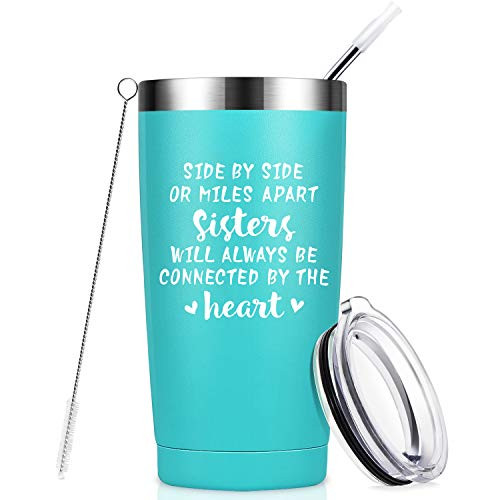 Side by Side or Miles Apart Sisters Best Sister Gifts from Sister Funny Birthday Gifts Ideas for Women Big Little Sister Best Friend Soul Sister Bestie - 20 oz Mug Tumbler Cup with Straw - Mint
