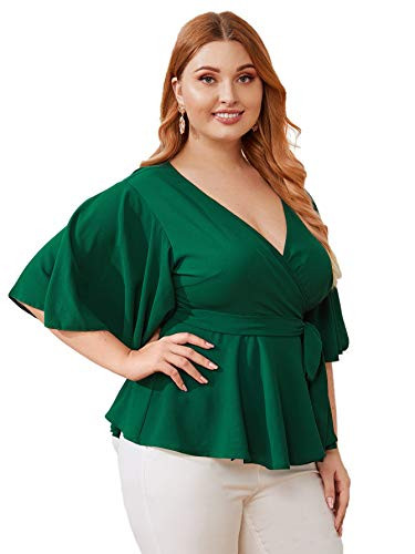 Romwe Womens Plus Size Ruffle Short Sleeve Wrap V Neck Belted Babydoll Tops Blouse Green1 2X Plus