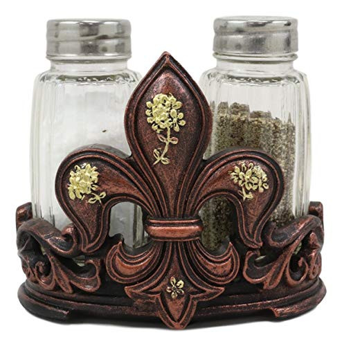 Ebros Rustic Western Tuscany Fleur De Lis Crown With Golden Flowers Figurine Display Holder With Glass Salt And Pepper Shakers Home And Kitchen Dining Decorative Statue Southwestern Creole Decor
